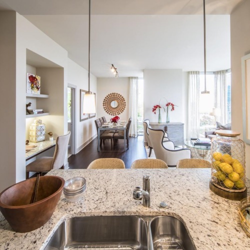 kitchen sink counter looking facing living room